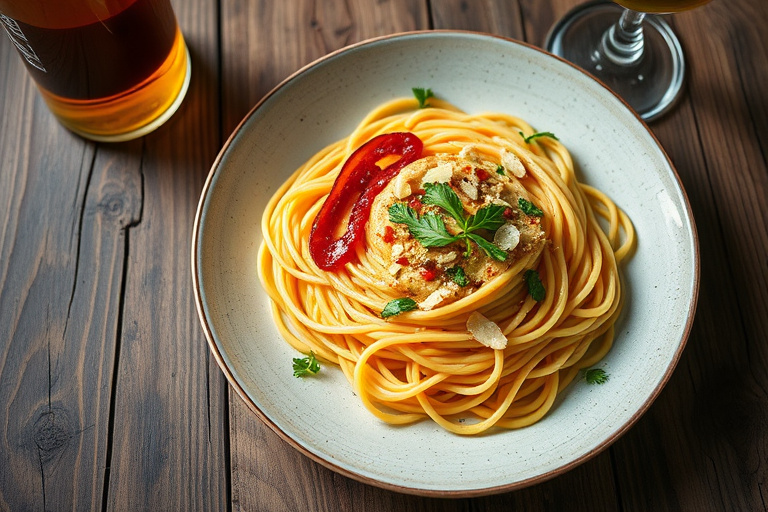 Spaghetti med mangold og sprø hvitløkschips