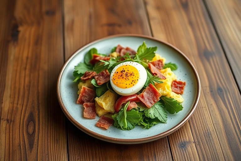 Salade Lyonnaise med purre, sprøtt bacon og bløtkokt egg