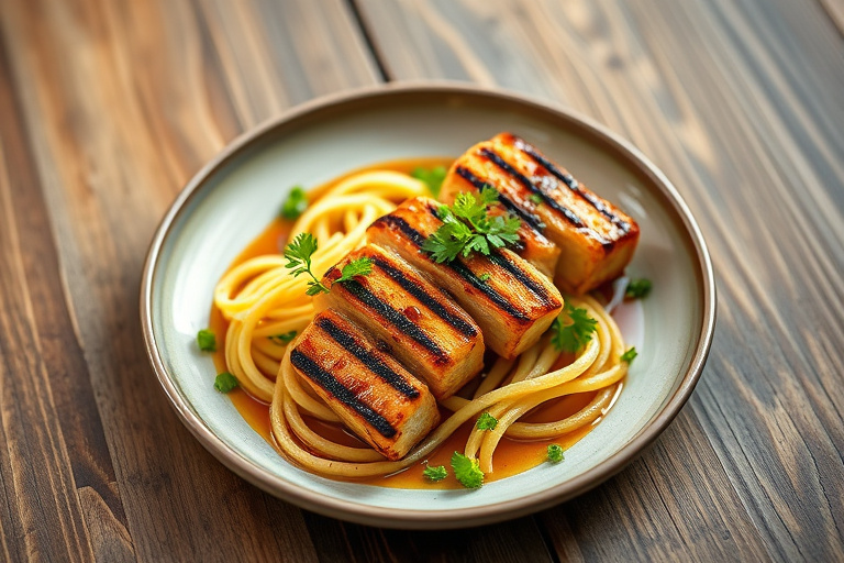 Grillede ananasringer med teriyakiglaserte kyllingboller