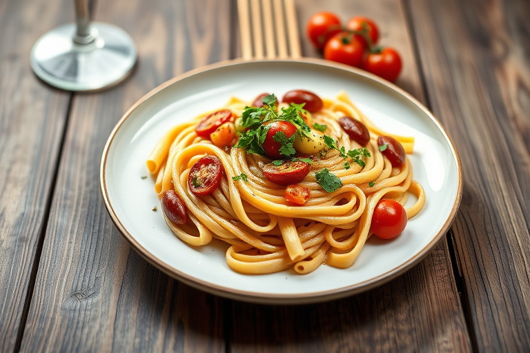 Penne med italiensk pølse, tomater og erter