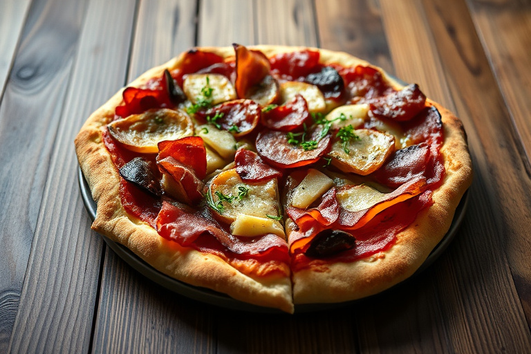 Bacon- og osteburgerpizza (opp-ned)