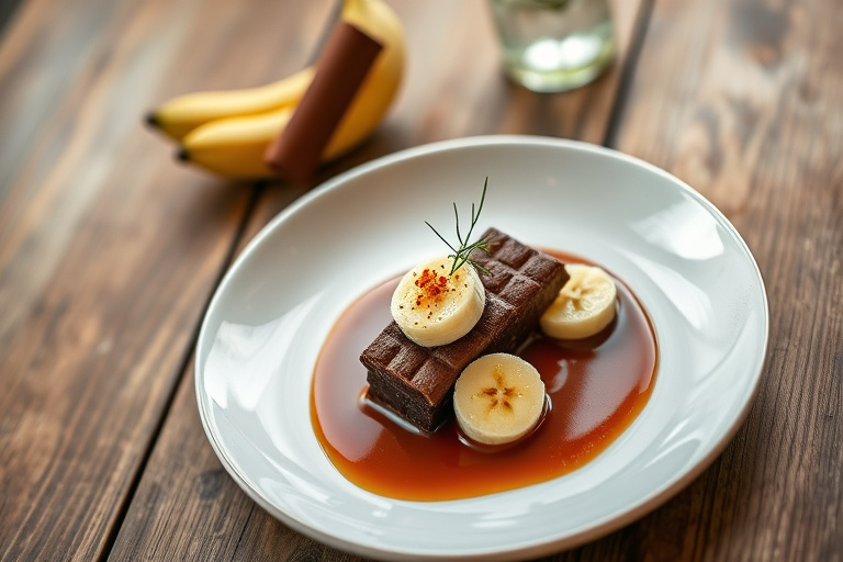 Bitter varm sjokolade med banan-gingersnap-brûlée og cayennekrem