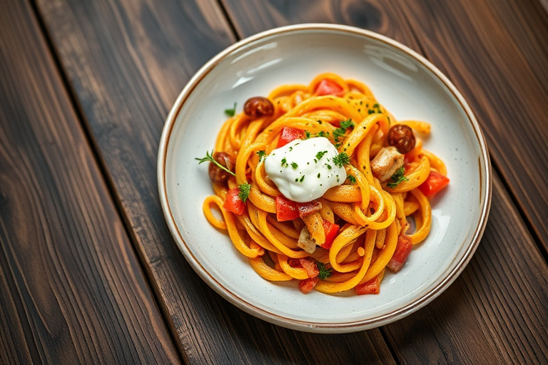 Makaronisalat med frukt og crème fraîche