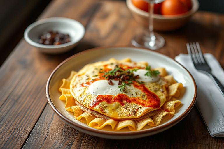 Napolitansk omelett med spaghetti og skinke
