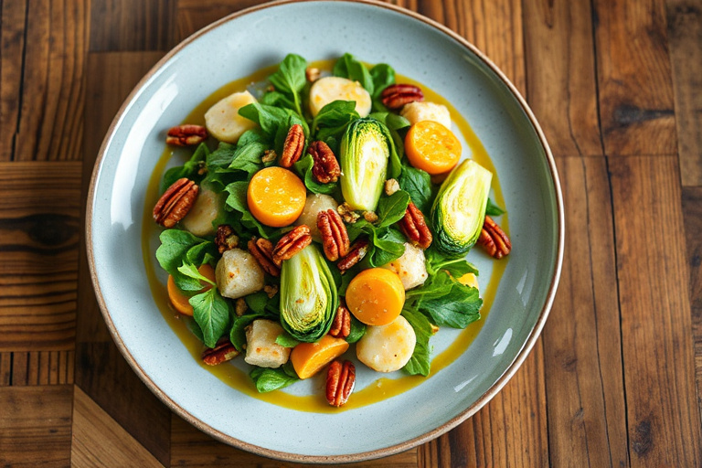 Rosenkålsalat med sennepsdressing og glaserte pekannøtter