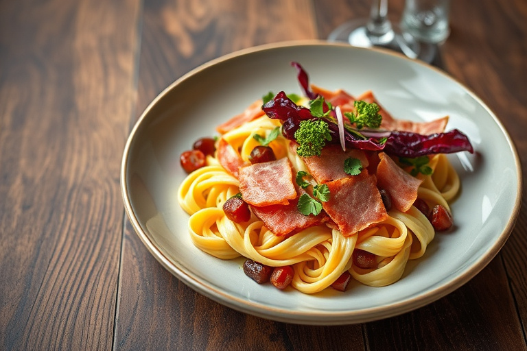 Perciatelli med prosciutto, radicchio og fiken