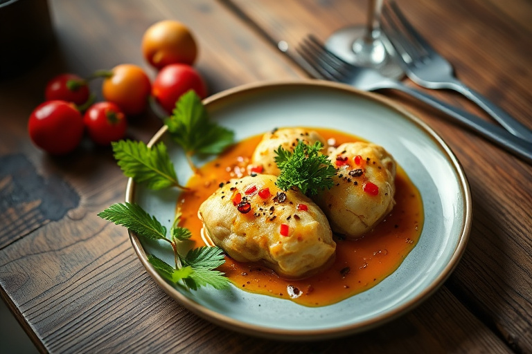 Svinekjøtt med kokos-chili-saus og lychees