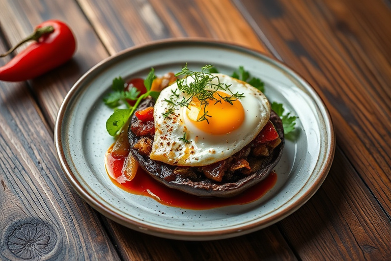 Portobelloburgere med eggerøre, spinat og paprika