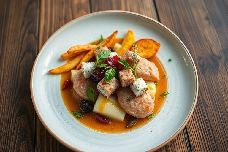 Røkt and med presset tofu og krydret saus