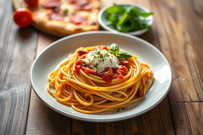 Spaghetti-pizza med tomatsaus og parmesan