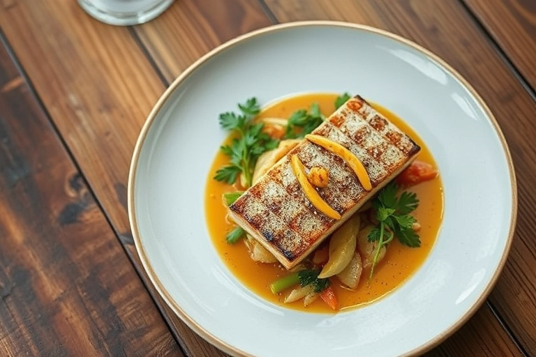 Grillet walleye og reker i safran- og fennikelbuljong