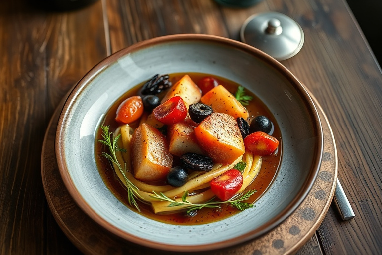 Sorbet av forkullet pære med geitostsnø