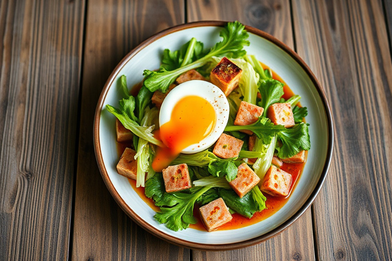 Varm frisée-salat med lardon og posjerte egg i rødvinsaus
