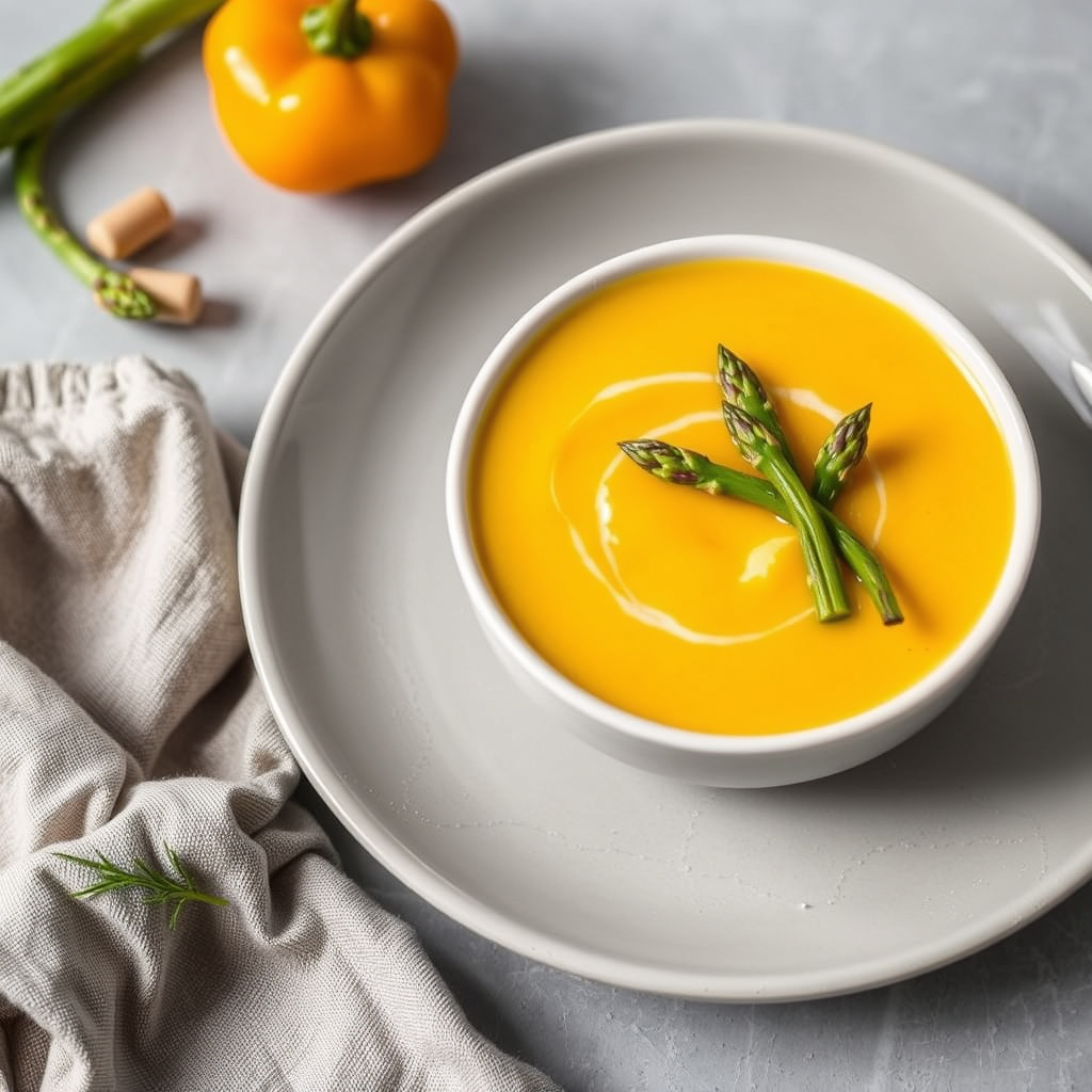 Glansfull gul peppersuppe med asparges