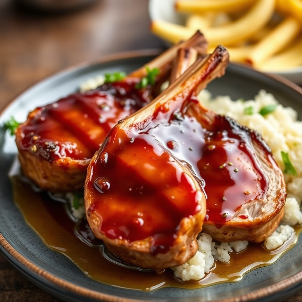 Glaserte doble svinekoteletter med barbecuesaus