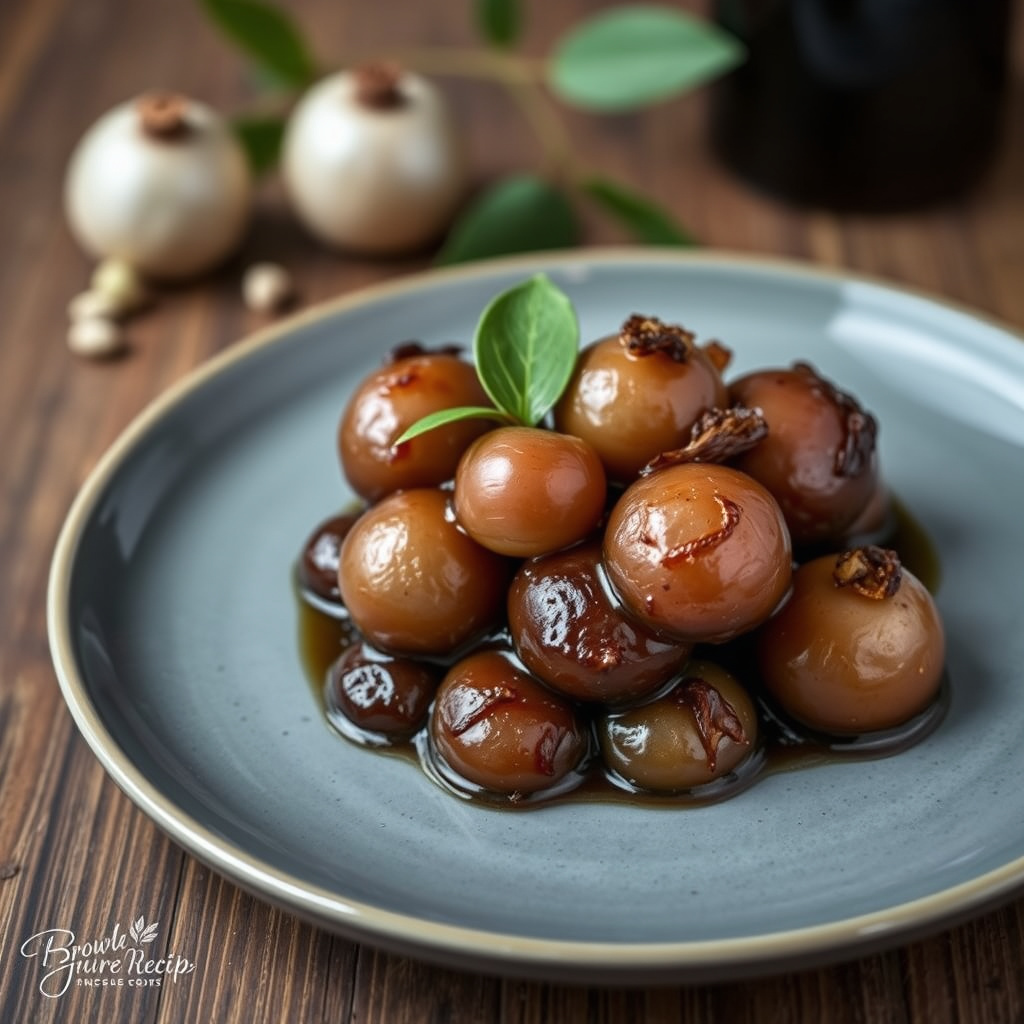 Glaserte perleløk i portvin med laurbærblad