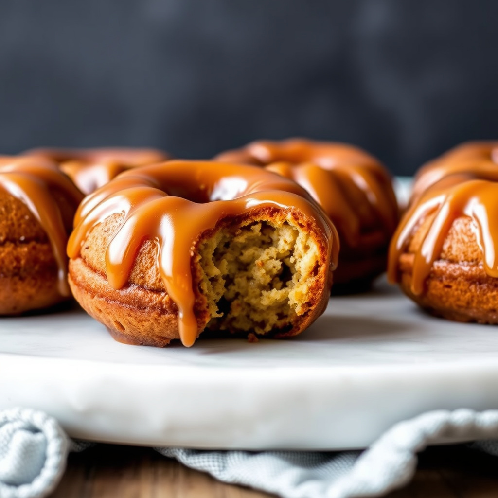 Glassert, karamellisert, ristet bananbrød-doughnuts med dropper