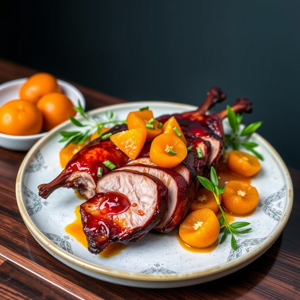 Glassert røkt and med kandiserte kumquats