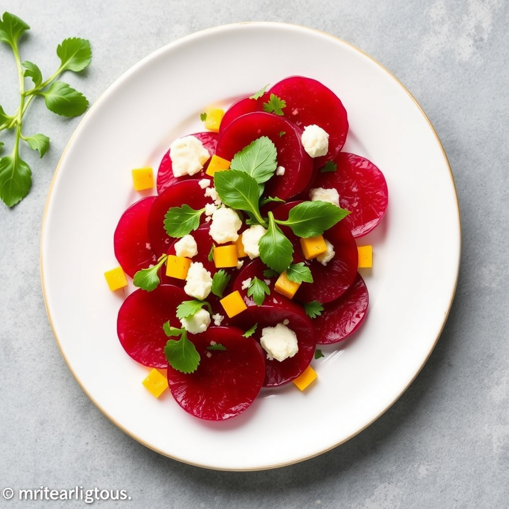Carpaccio av gyllenbete med gorgonzola og chiliolje