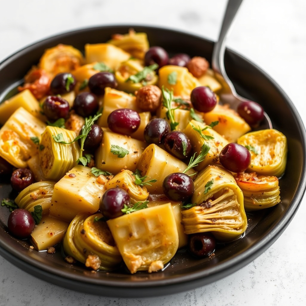 Grateng av unge artisjokker og oliven