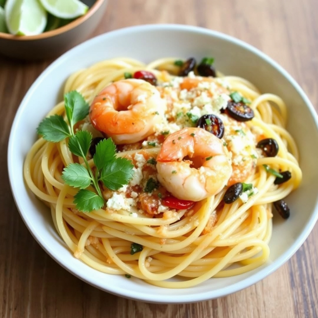 Gresk-inspirert scampi med linguini