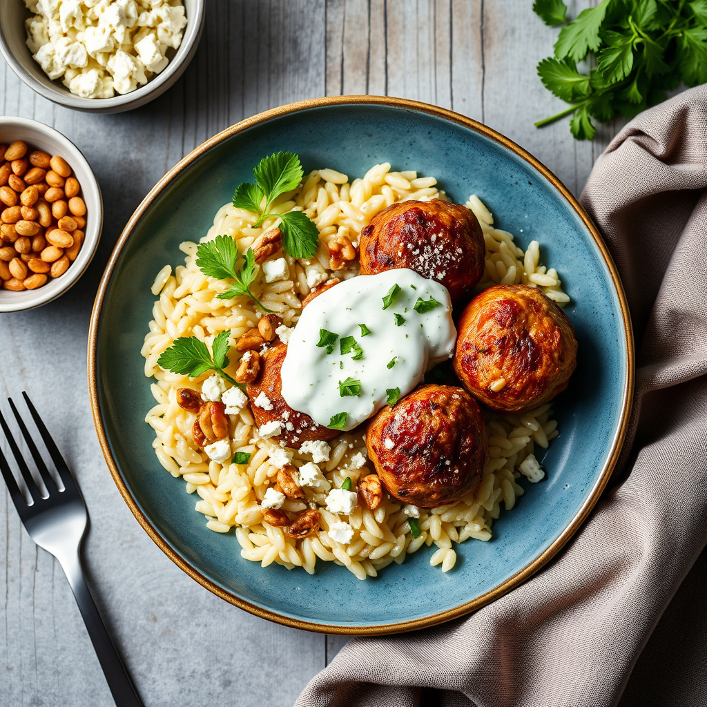 Greske kjøttboller med tzatziki og orzo med fetaost og valnøtter