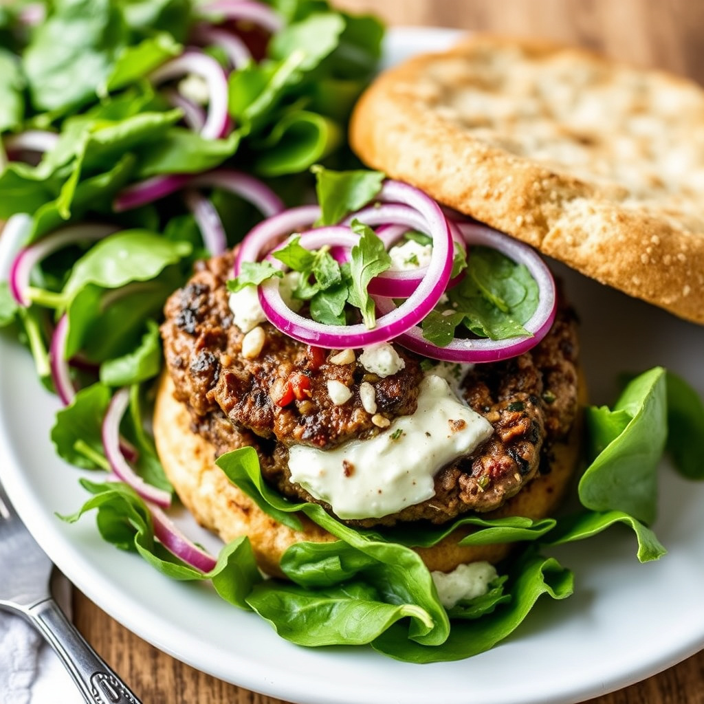 Greske lammeburgere med spinatsalat og rødløksalat