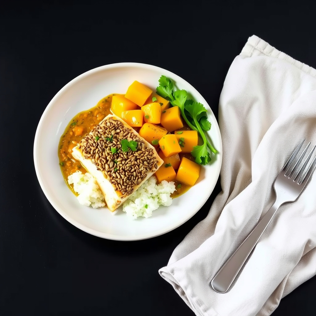 Mahi mahi med gresskarkjerner, mango og papaya