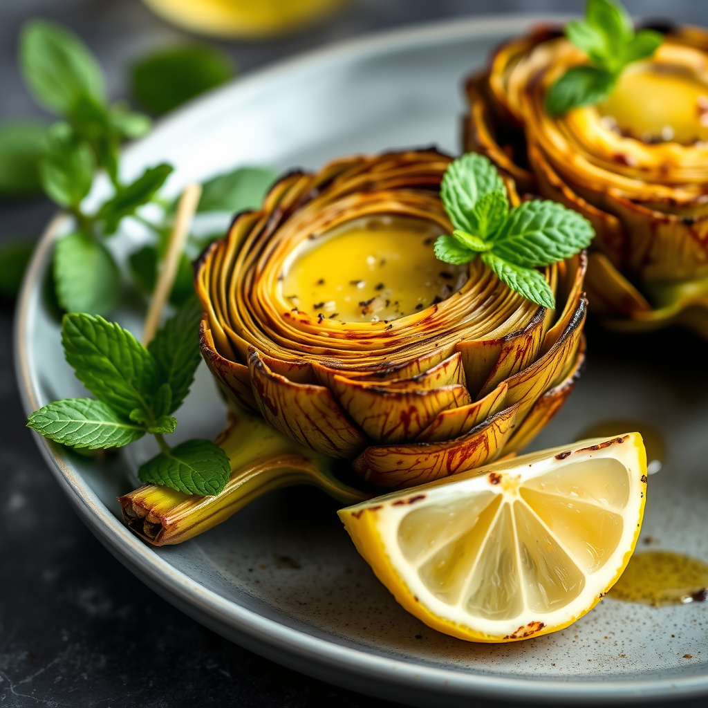 Grillede artisjokker med olivenolje, sitron og mynte