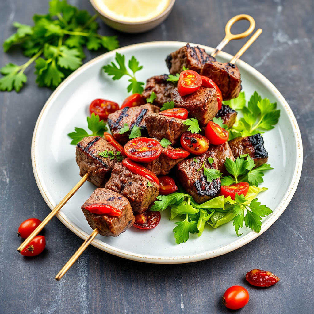 Grillede biffspyd med soltørket tomatsalsa