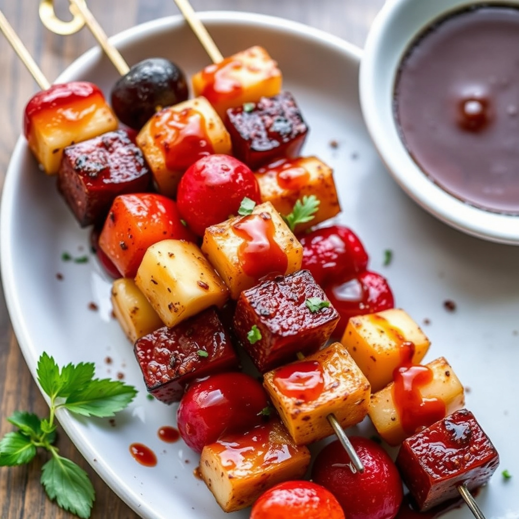 Grillede fruktspyd med krydret lønnesirup- og spisskummen-glaze