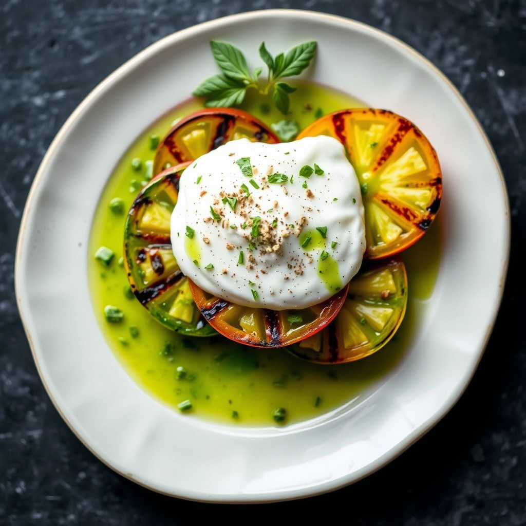Grillede grønne tomater med burrata og grønn juice