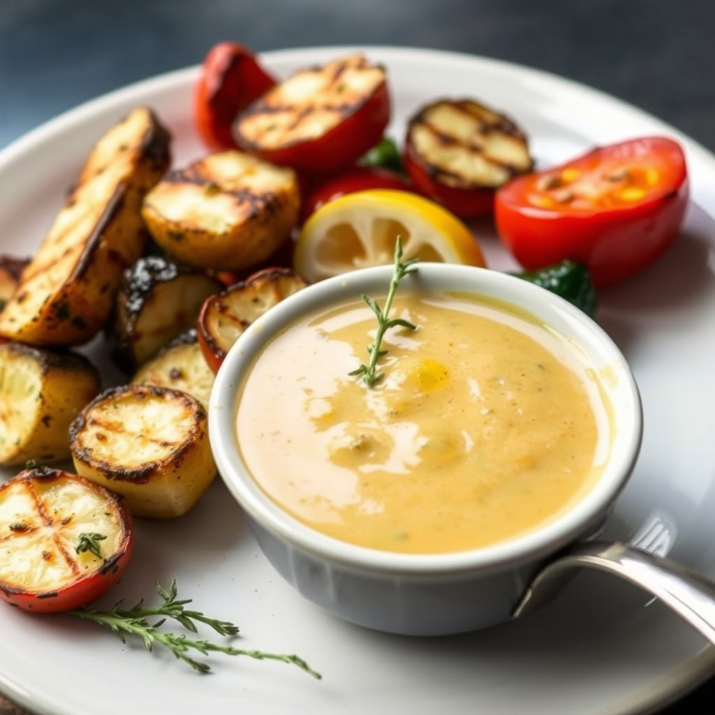 Grillede grønnsaker med sitron-, timian- og sennepsbasting-saus