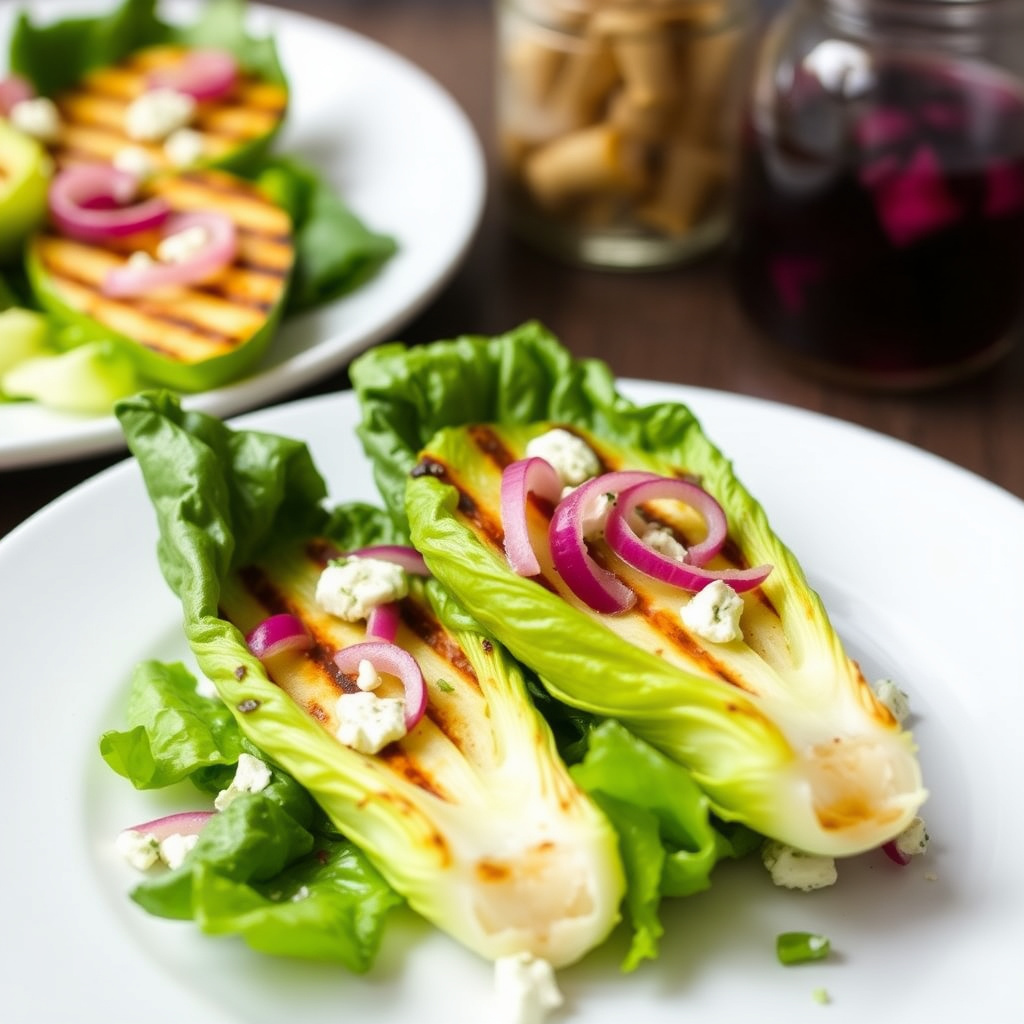Grillede hjertesalat av romanosalat med blåmuggostvinaigrette og sylteagurk.