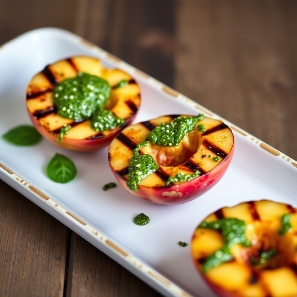 Grillede hvite California-ferskner med mandel- og myntesaus