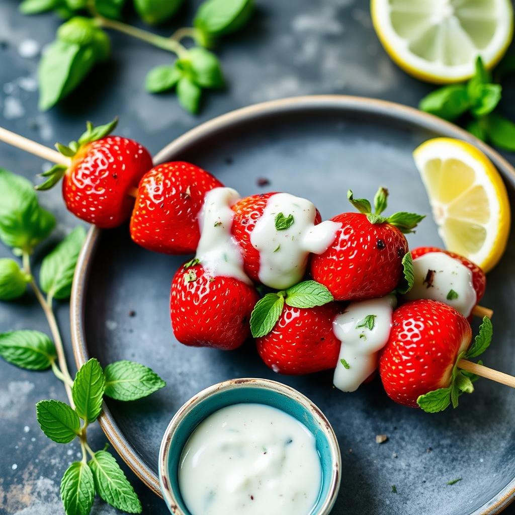 Grillede jordbærspyd med sitron-mynte saus