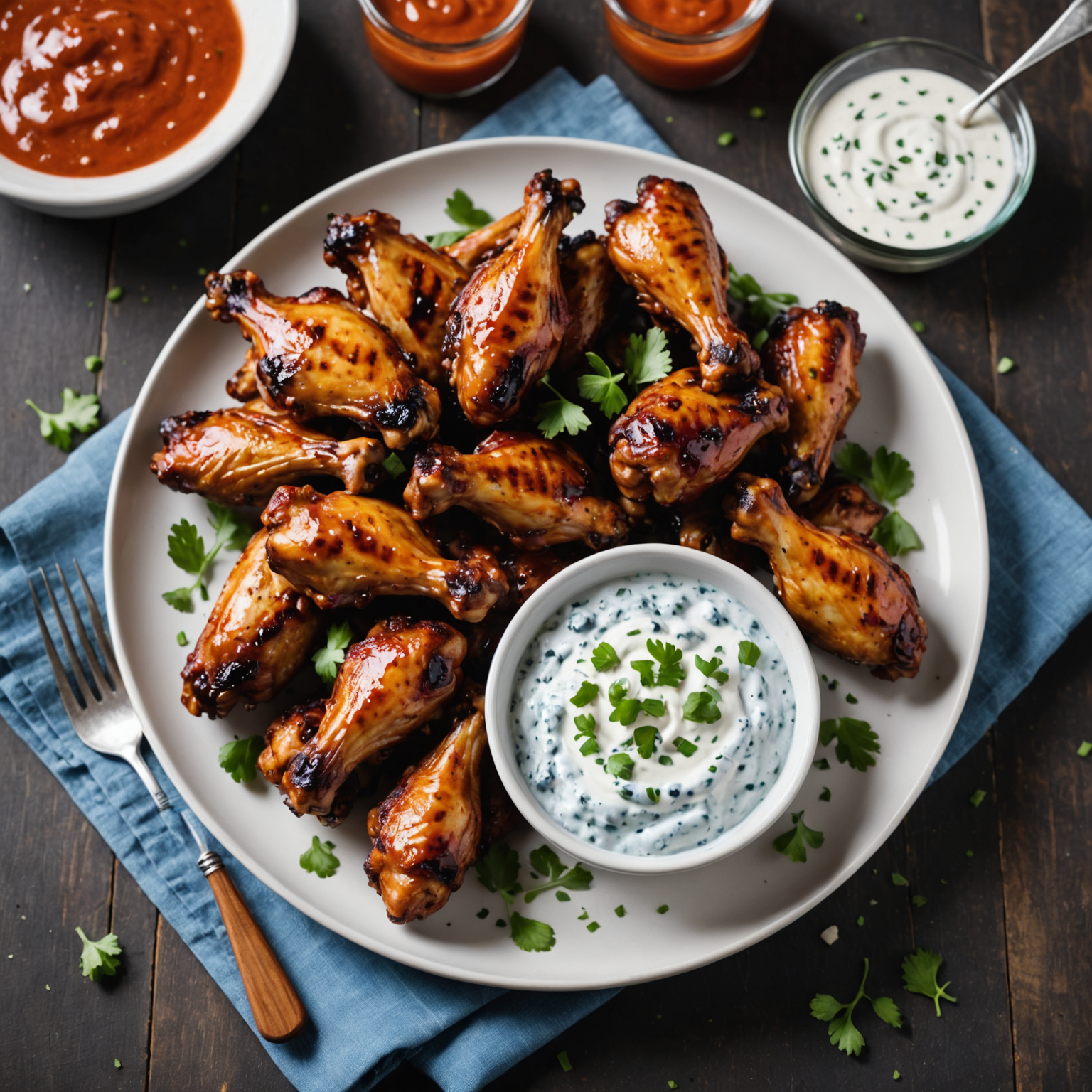 Grillede kyllingvinger med krydret chipotle-hot saus og blåmuggost-yoghurtdipp