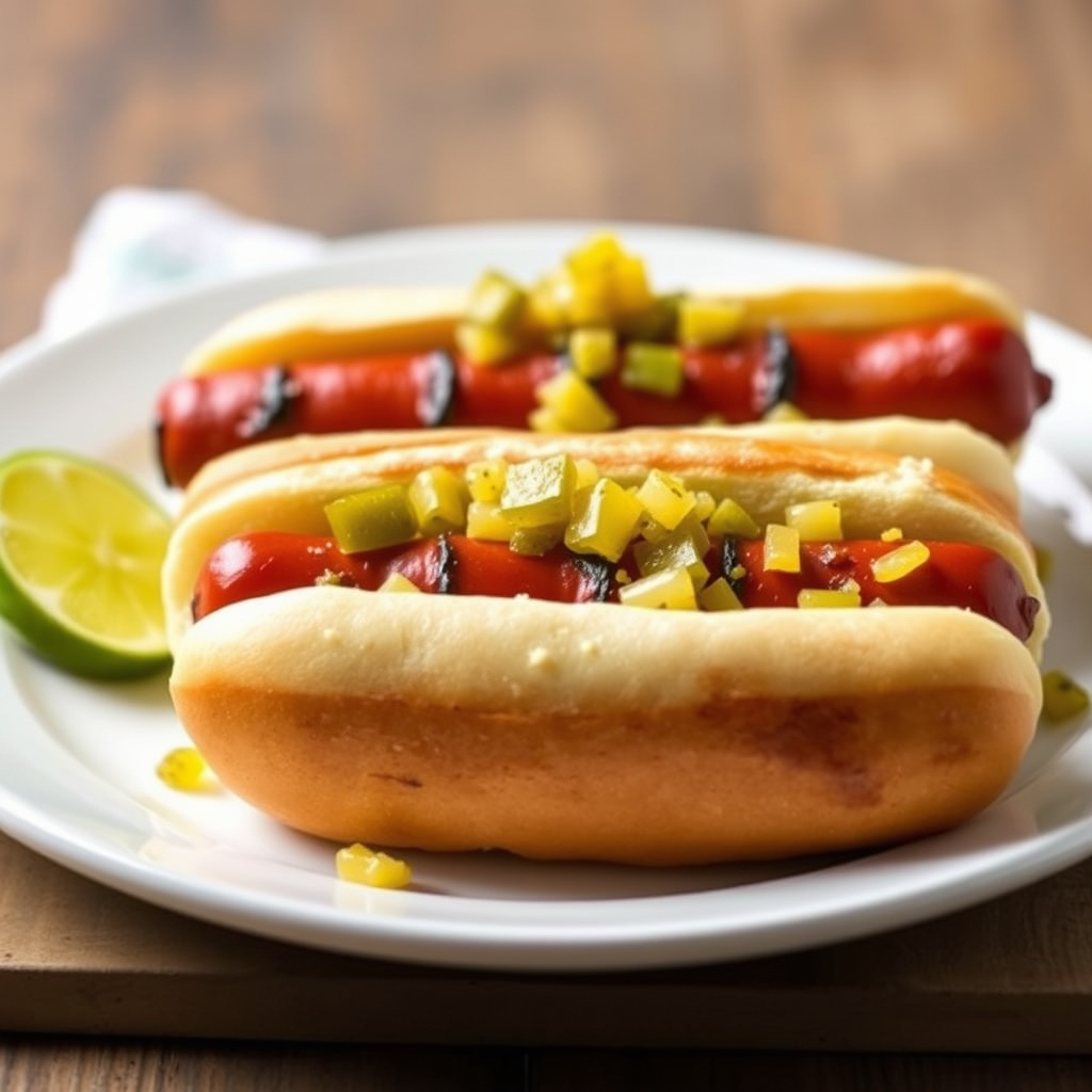 Grillede Link Hot Dogs med hjemmelaget sylteagurk-relish