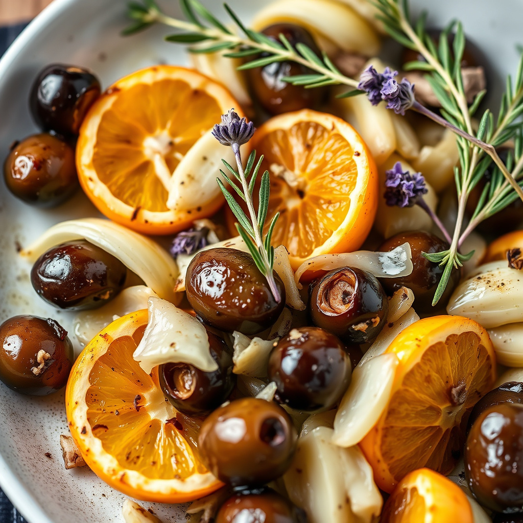 Grillede oliven med fennikel, appelsin og lavendel
