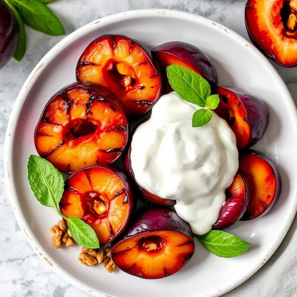 Grillede plommer med krydret valnøtt-yoghurtsaus