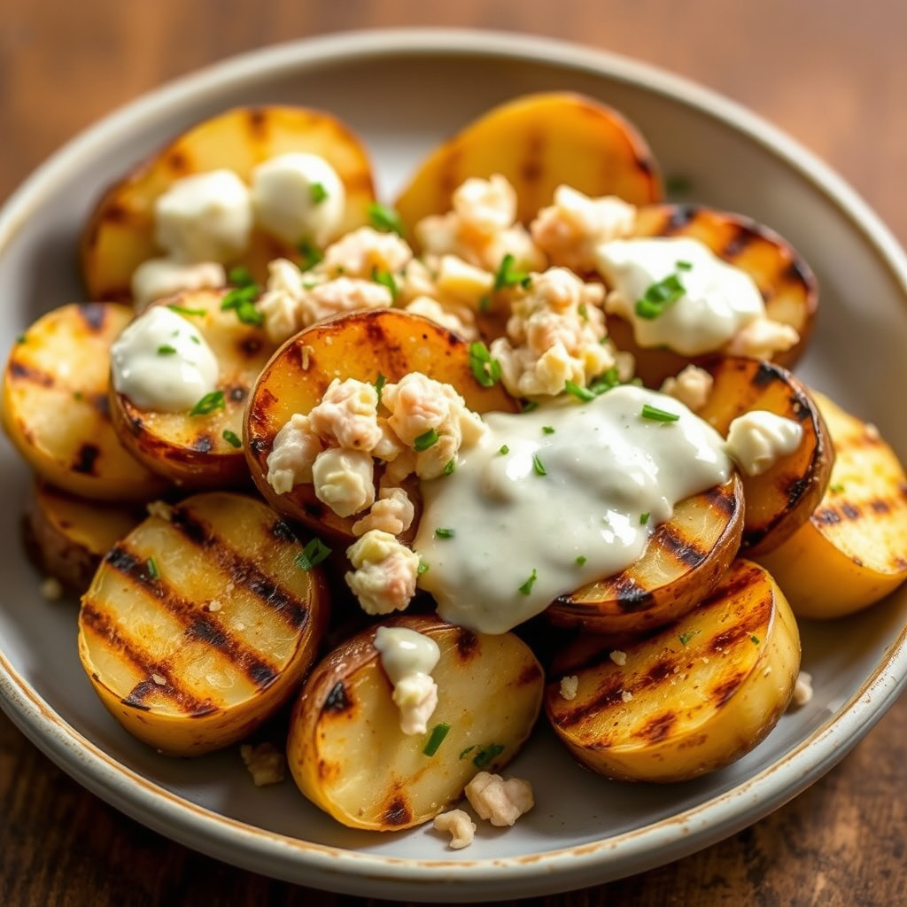 Grillede poteter med krabbekjøtt og vårløksdressing