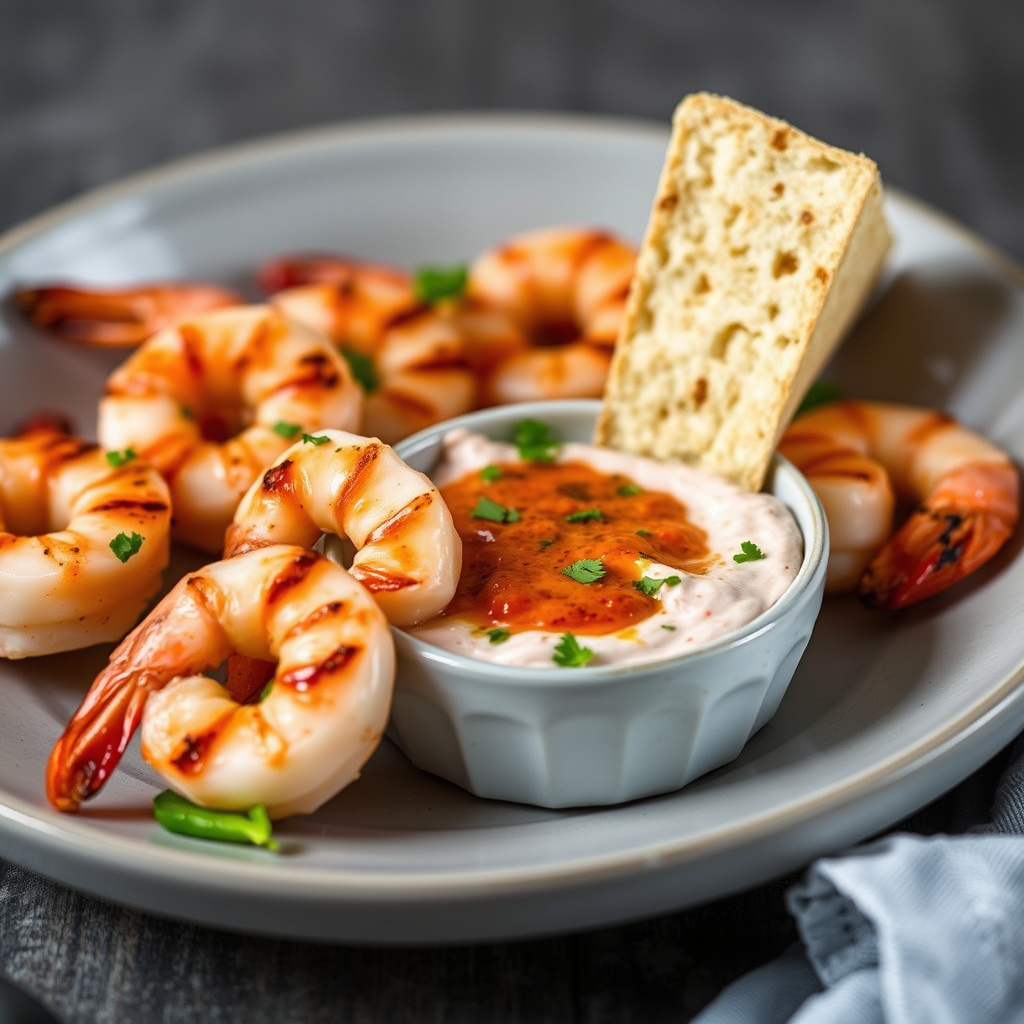 Grillede reker med krydret tomat- og pepperrot-dip