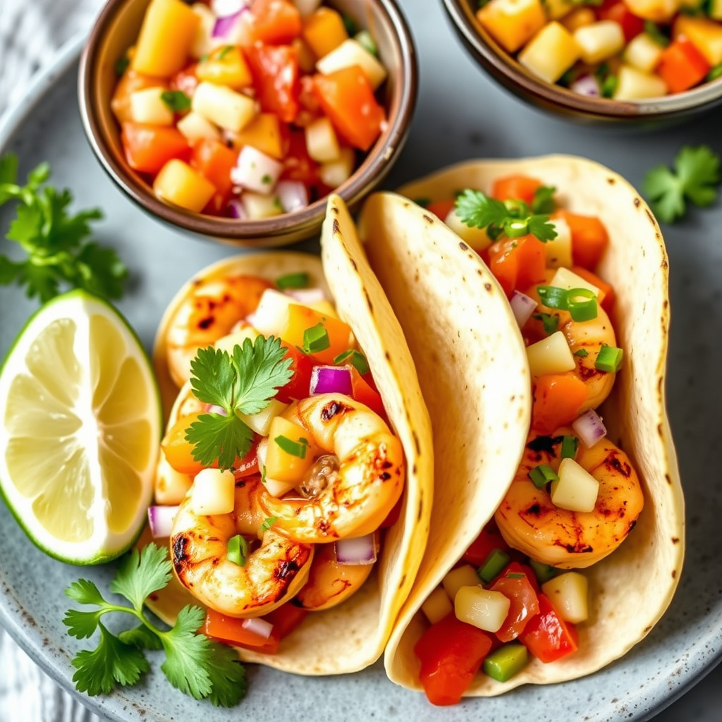 Grillede reker tacos med tropisk salsa