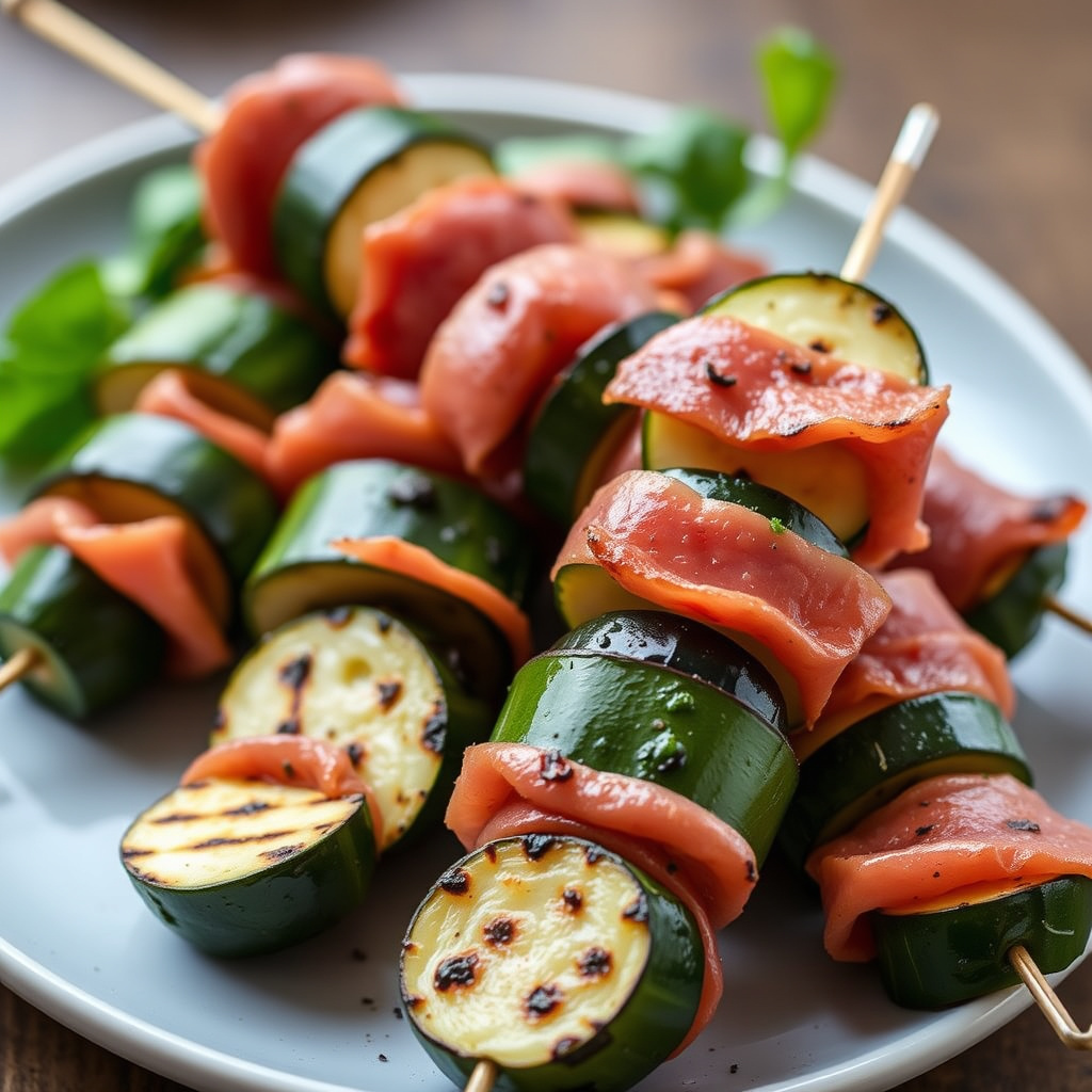 Grillede squash- og prosciuttospyd