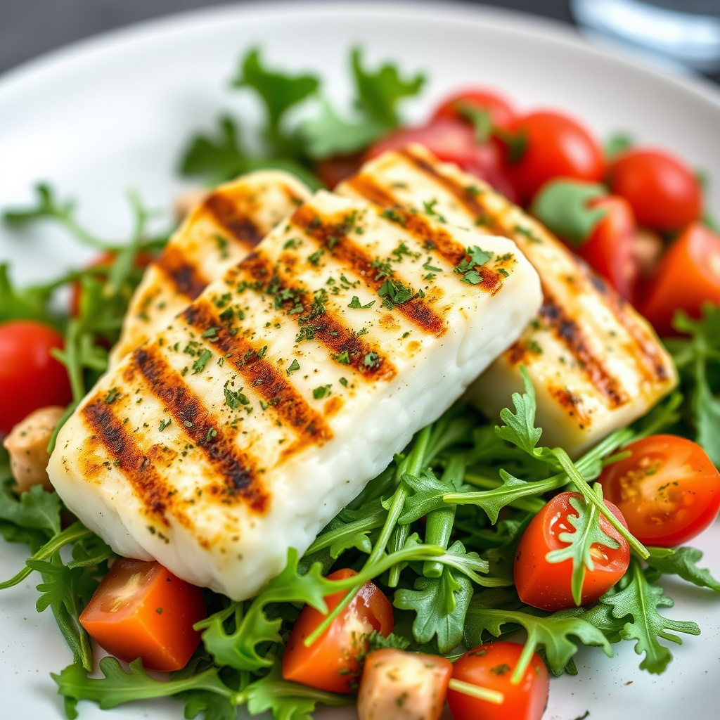 Grillede steker av kveite på en seng av ruccola med tomatsalat og gremolata