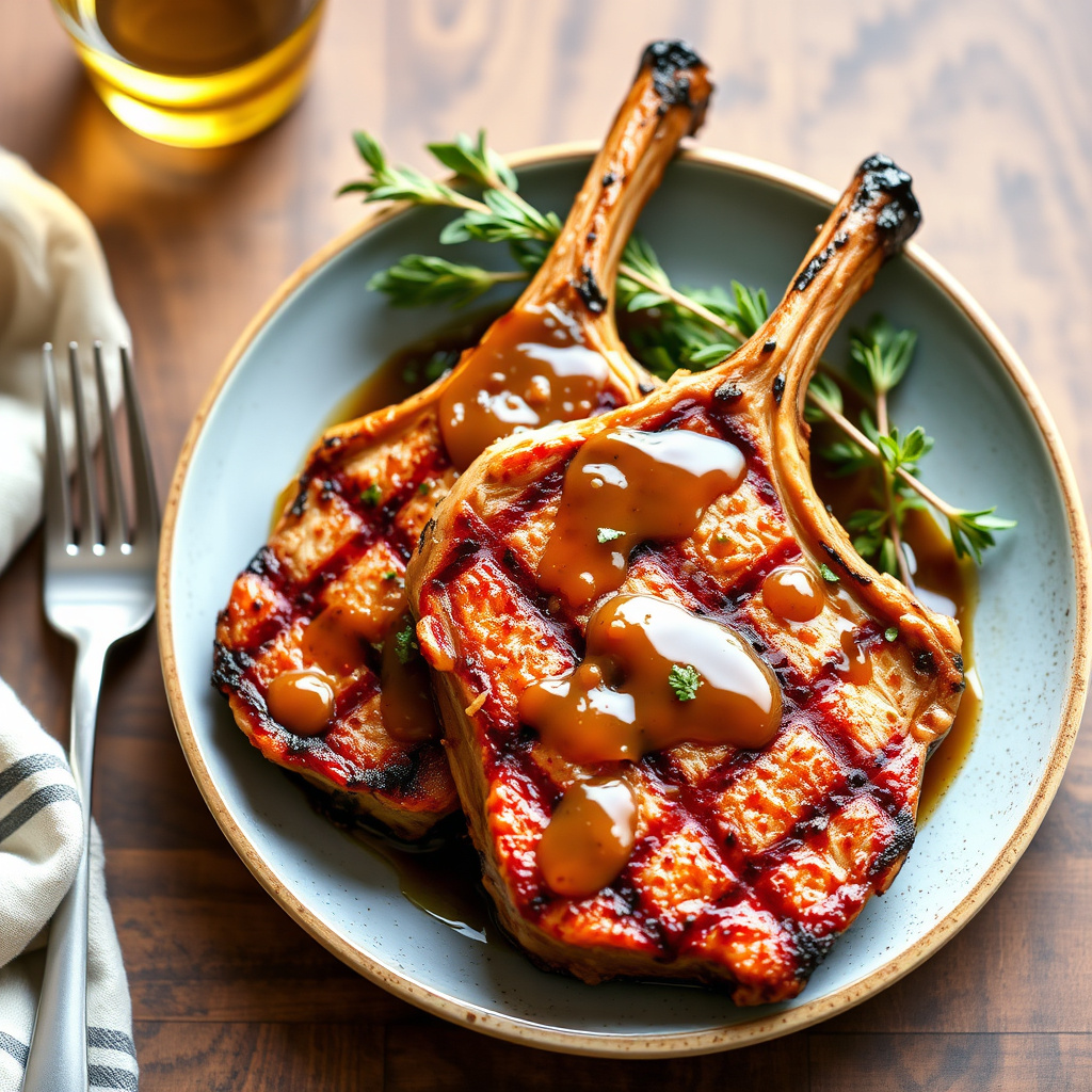 Grillede svinekoteletter med bourbon- og sennepsglasur