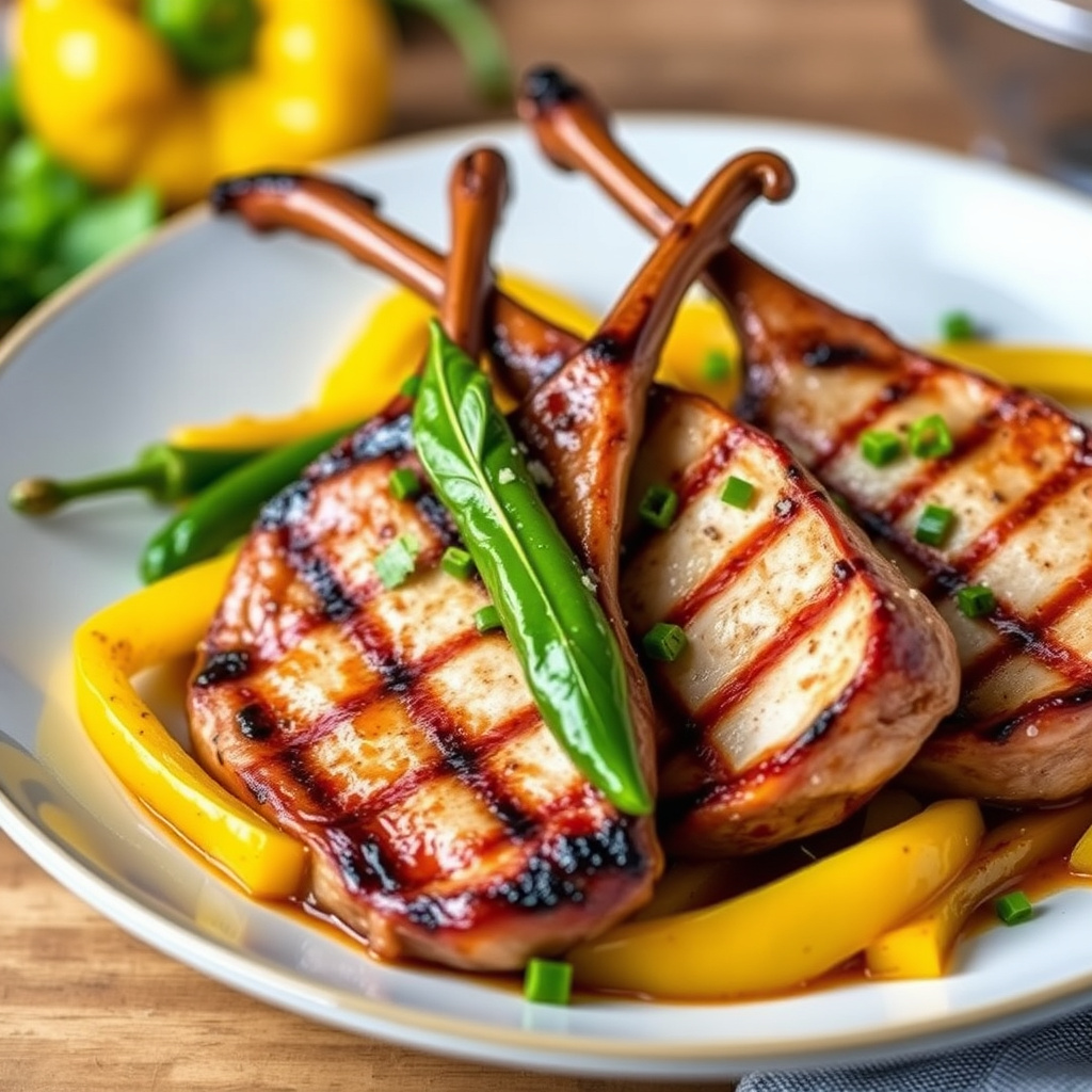 Grillede svinekoteletter med lange chili og gule paprika