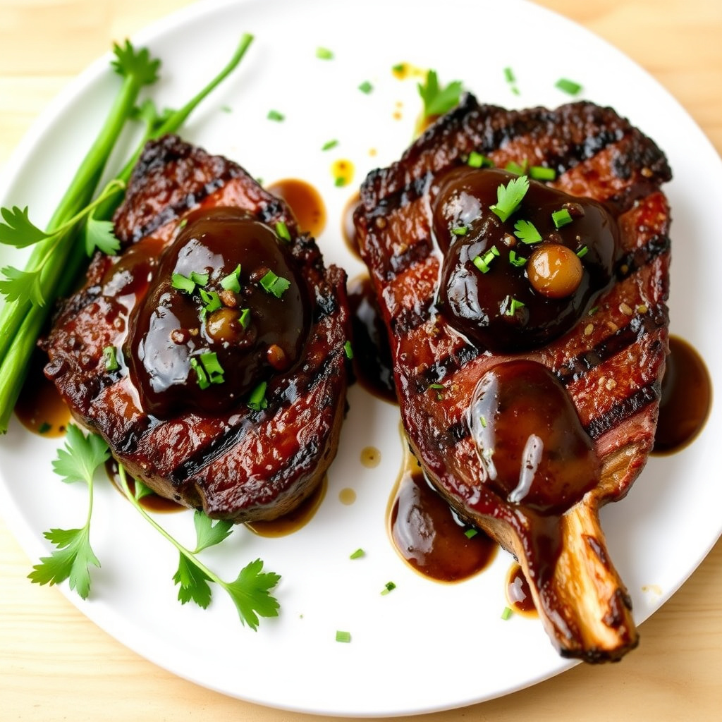 Grillede T-bone-steaks med balsamico-løkkompott