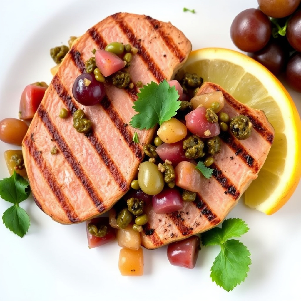 Grillede tunfisksteiker med drue- og kaperssalsa