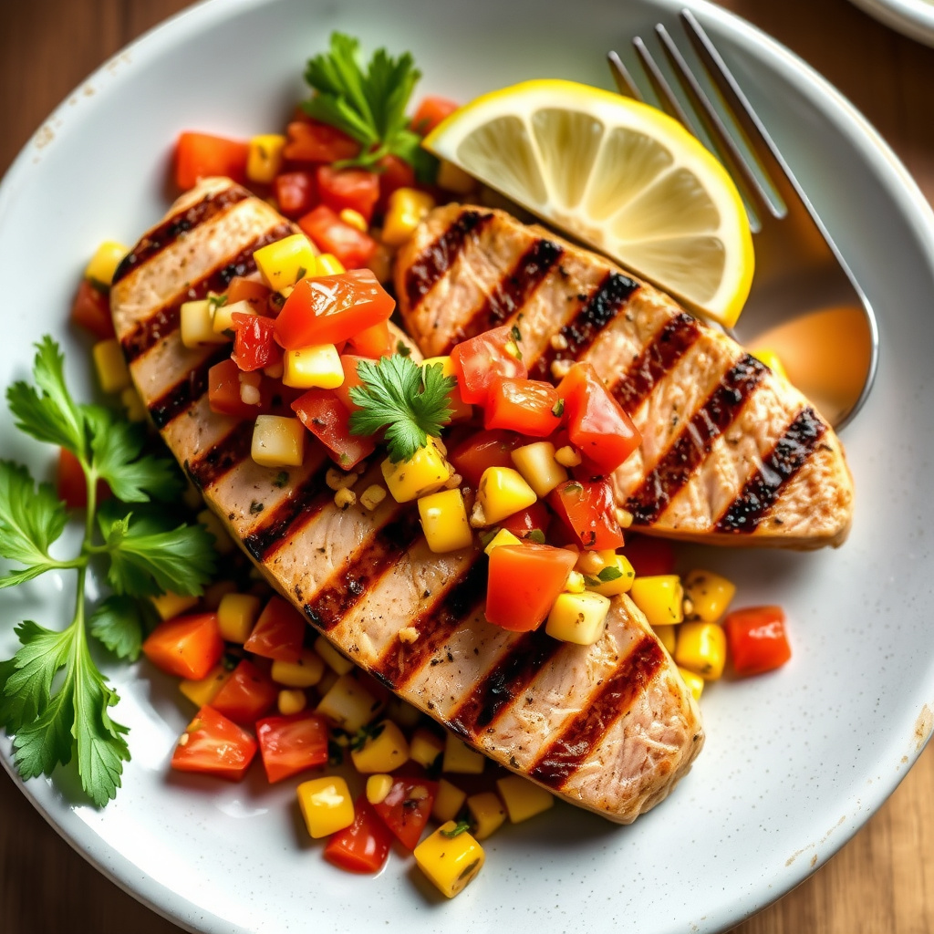 Grillede tunfisksteiker med ovnsbakt mais og tomatsalsa